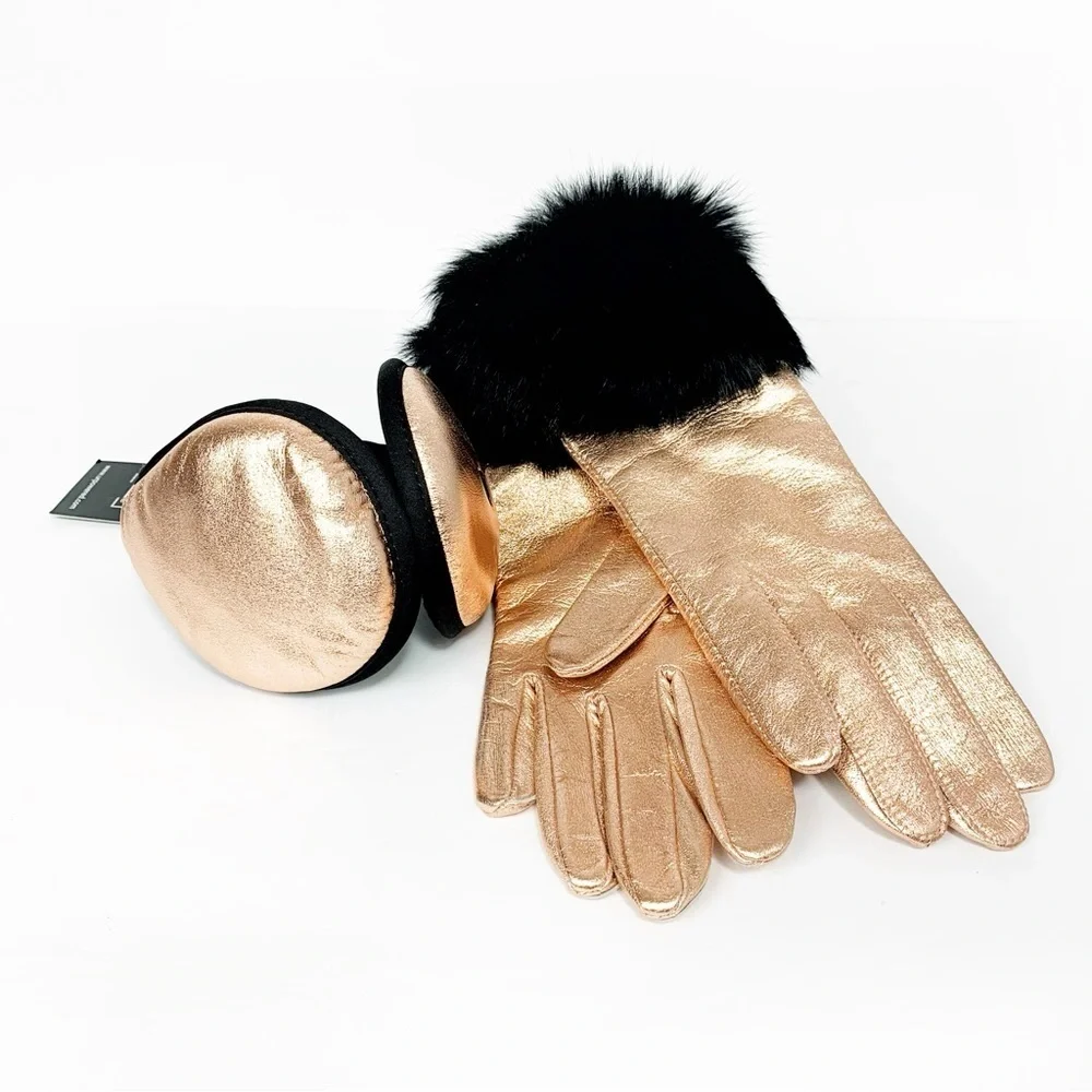 NWT UR Powered Rose Gold Leather Bluetooth Ear Warmers + Fur Cuff Gloves Set